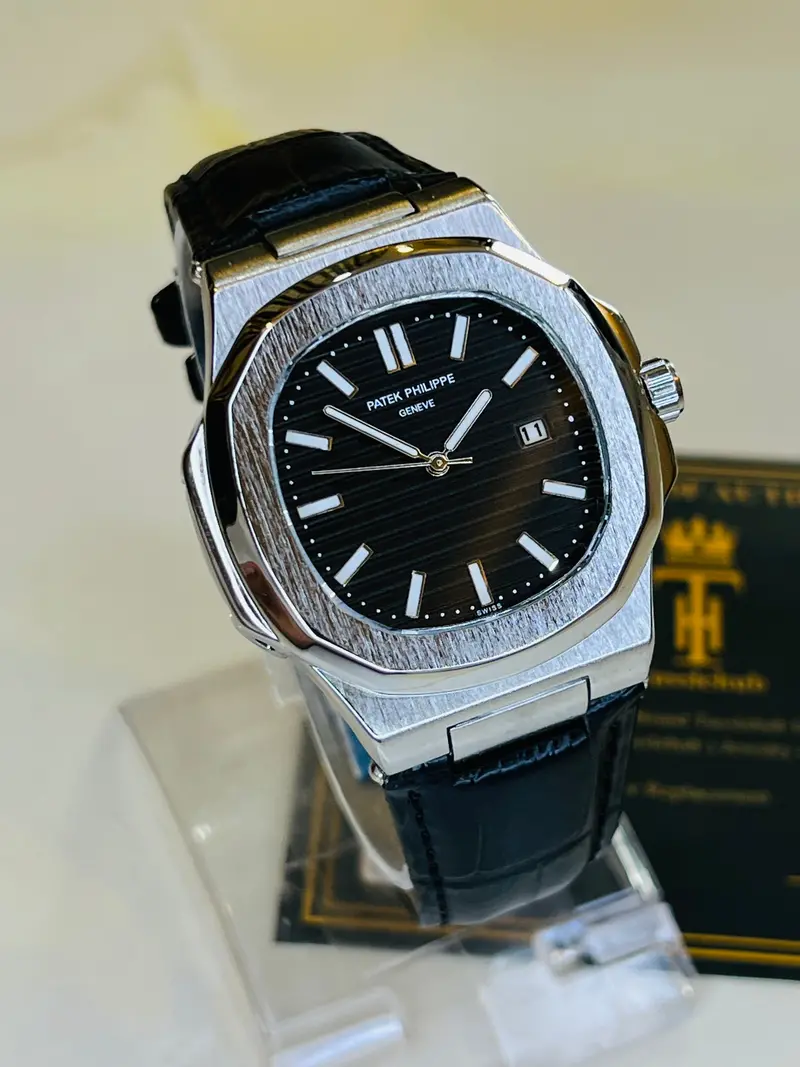 Black Leather Silver Black Dial Nautilus Watch 1