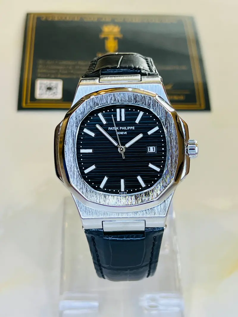 Black Leather Silver Black Dial Nautilus Watch 2