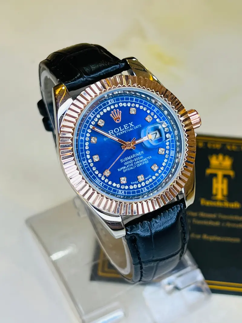 Black Rose Gold Sapphire Leather Rolex Watch 1