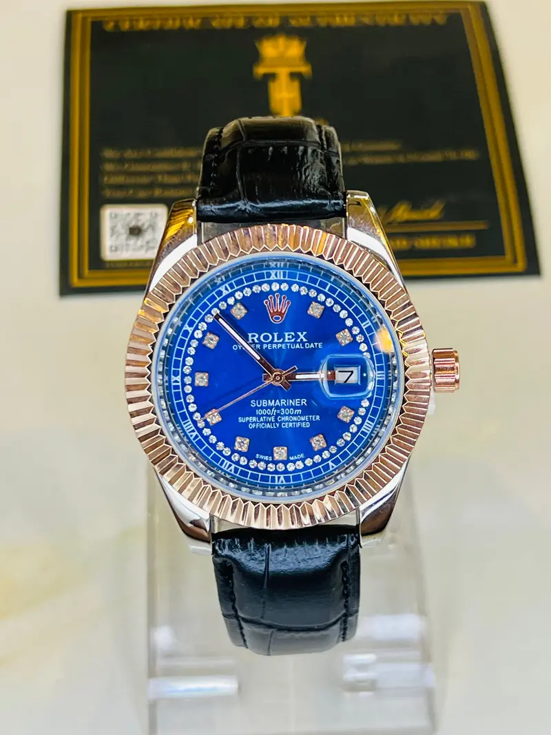 Black Rose Gold Sapphire Leather Rolex Watch 2