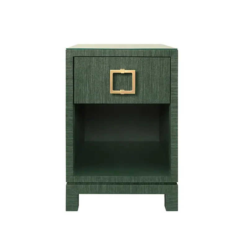 Blair Green Grasscloth, Glass Top, One Drawer Square Side Table With Satin Brass Drawer Pull 1