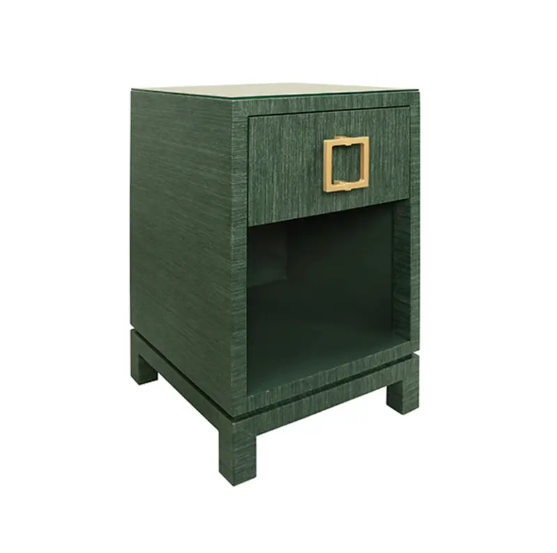 Blair Green Grasscloth, Glass Top, One Drawer Square Side Table With Satin Brass Drawer Pull 2