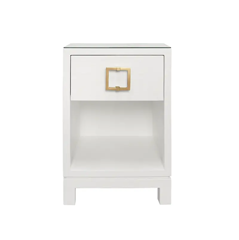 Blair White Textured Linen, One Drawer Square Side Table With Satin Brass Drawer Pull And Glass Top 1