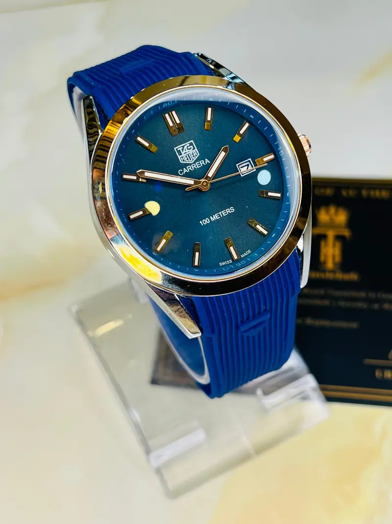 Blue Two Tone Carrera Day Date Elite Dial Silicon Strap Watch 1