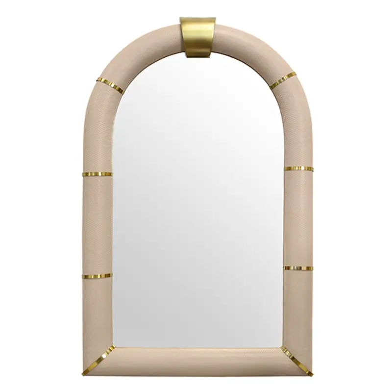 Bowie Arched Faux Ivory Textured Leather Mirror With Antique Brass Details 1