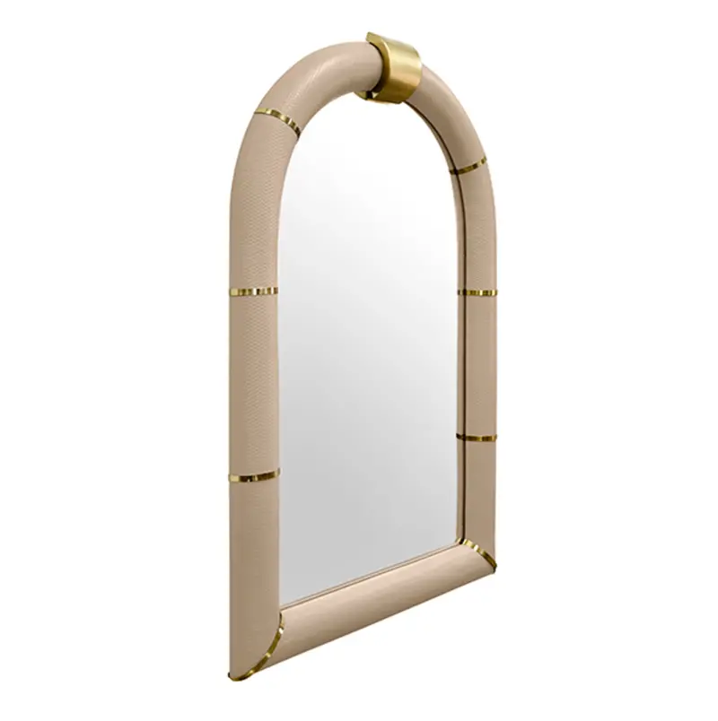 Bowie Arched Faux Ivory Textured Leather Mirror With Antique Brass Details 2