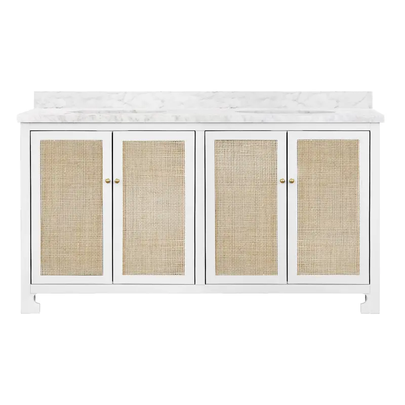 Boyd Double Sink Bath Vanity - Matte White Lacquer & Cane 1