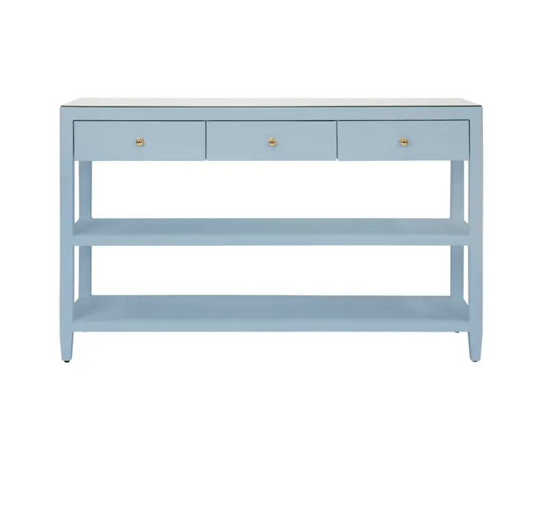 Briar Three Drawer Console In Textured Light Blue Linen 1