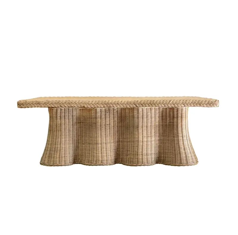 Britney Natural Woven Rattan Rectangular Scalloped Skirt Coffee Table With Braided Edge 1