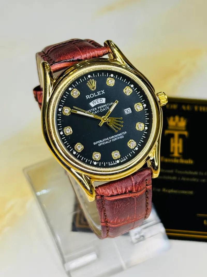 Brown Gold Black Round Leather Rolex Watch 1