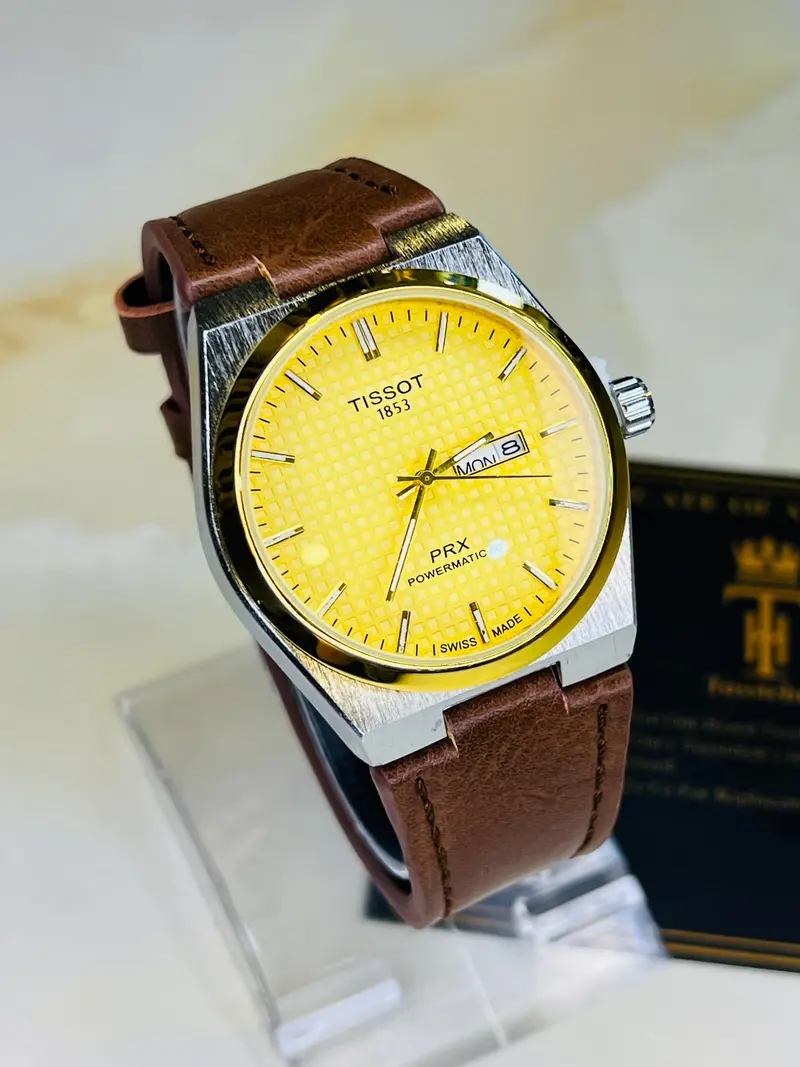 Brown Leather Strapped Tissot Prx Silver Gold Dial Watch 1