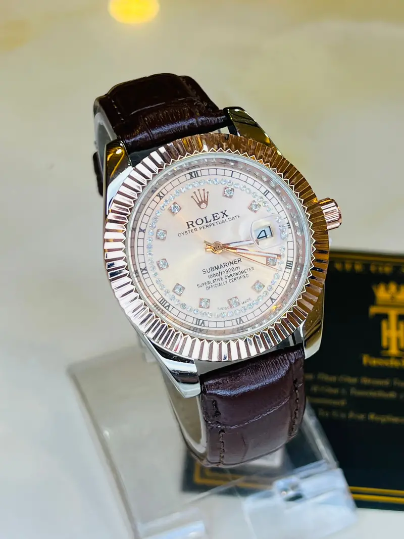 Brown Rose Gold Leather Rolex Watch 1