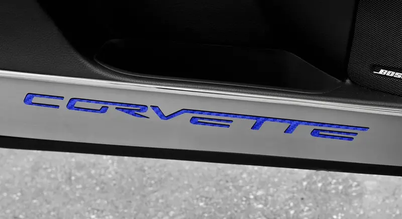 C6 Corvette Door Guards (2005–2013) – 2-Piece ‘Corvette’ Inlay, Brushed Stainless Steel, Color Options