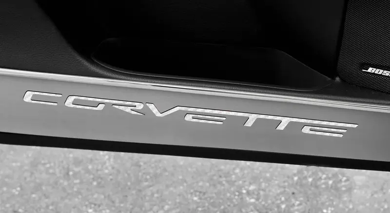 C6 Corvette Door Guards (2005–2013) – 2-Piece ‘Corvette’ Inlay, Brushed Stainless Steel, Color Options