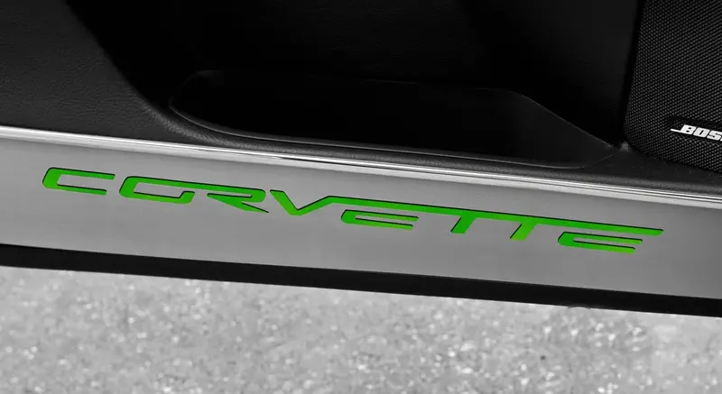 C6 Corvette Door Guards (2005–2013) – 2-Piece ‘Corvette’ Inlay, Brushed Stainless Steel, Color Options
