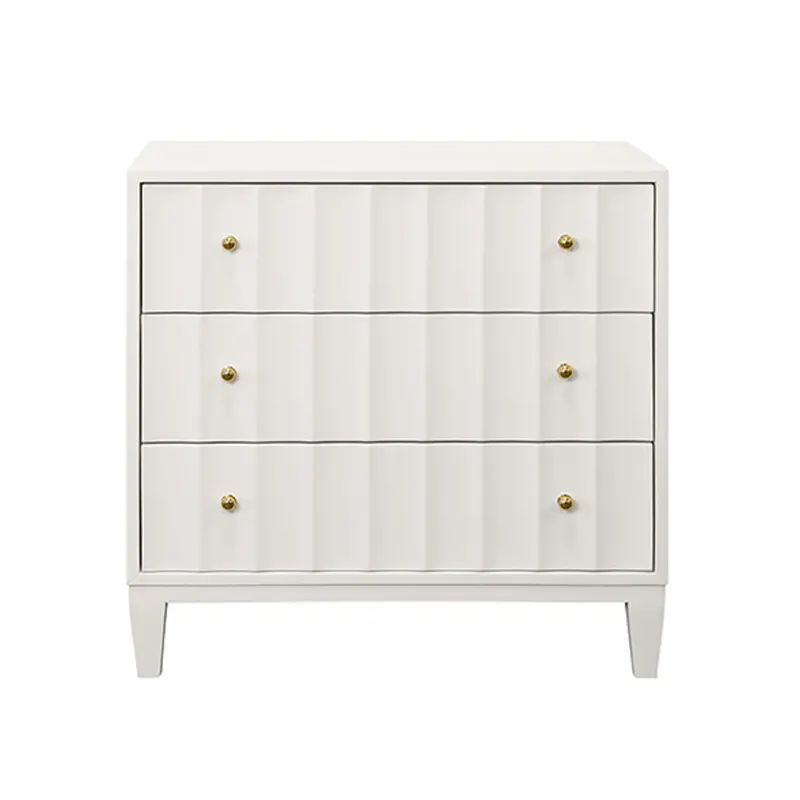 Carmack Fluted Matte White Lacquer Three Drawer Side Table With Brass Knobs 1