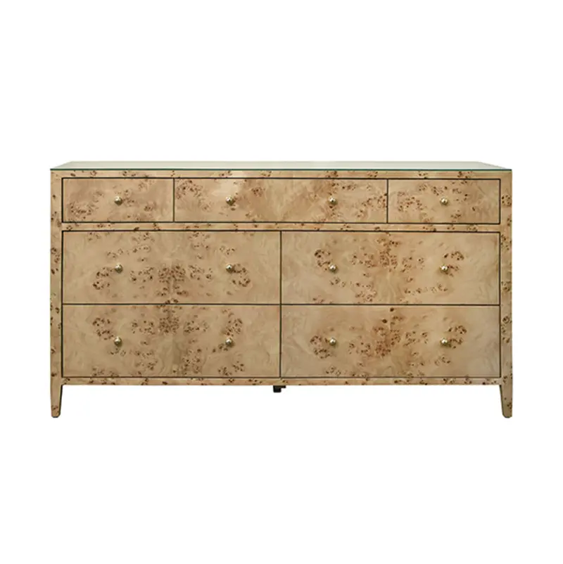 Carnegie Burlwood Seven Drawer Chest With Glass Top And Brass Knobs 1