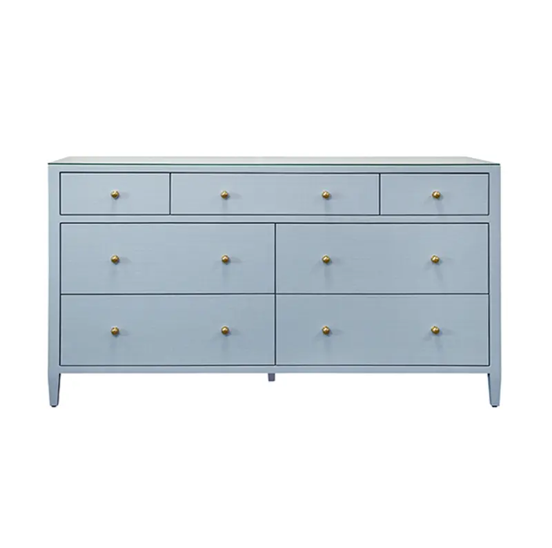 Carnegie Light Blue Textured Linen, Glass Top, Seven Drawer Chest With Brass Knobs 1