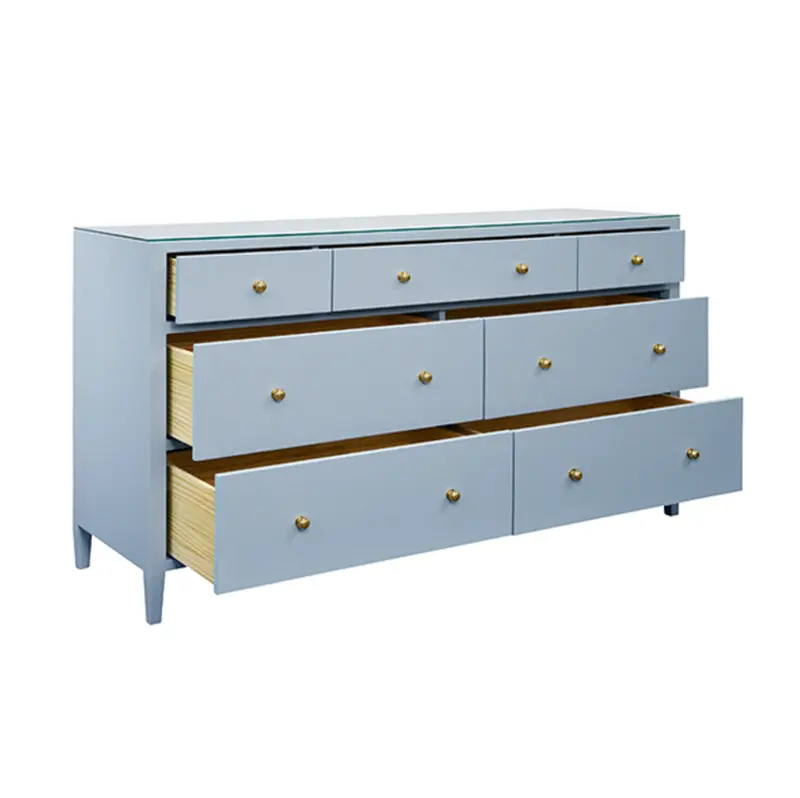 Carnegie Light Blue Textured Linen, Glass Top, Seven Drawer Chest With Brass Knobs 2