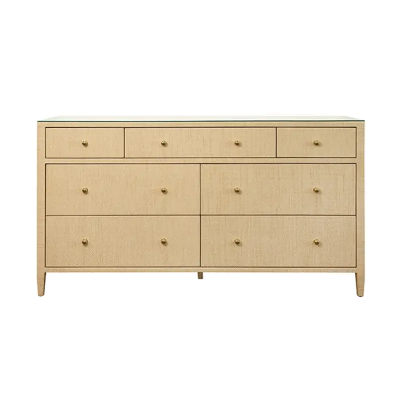 Carnegie Natural Grasscloth, Glass Top, Seven Drawer Chest With Brass Knobs 1