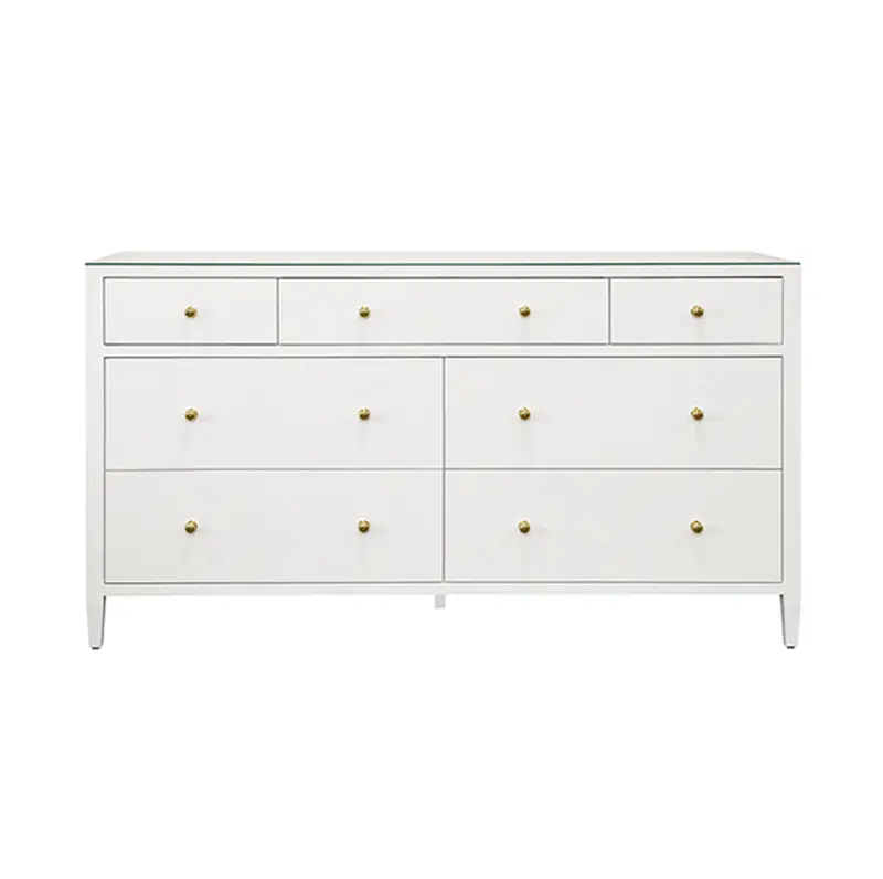 Carnegie Textured White Linen, Glass Top, Seven Drawer Chest With Brass Knobs 1