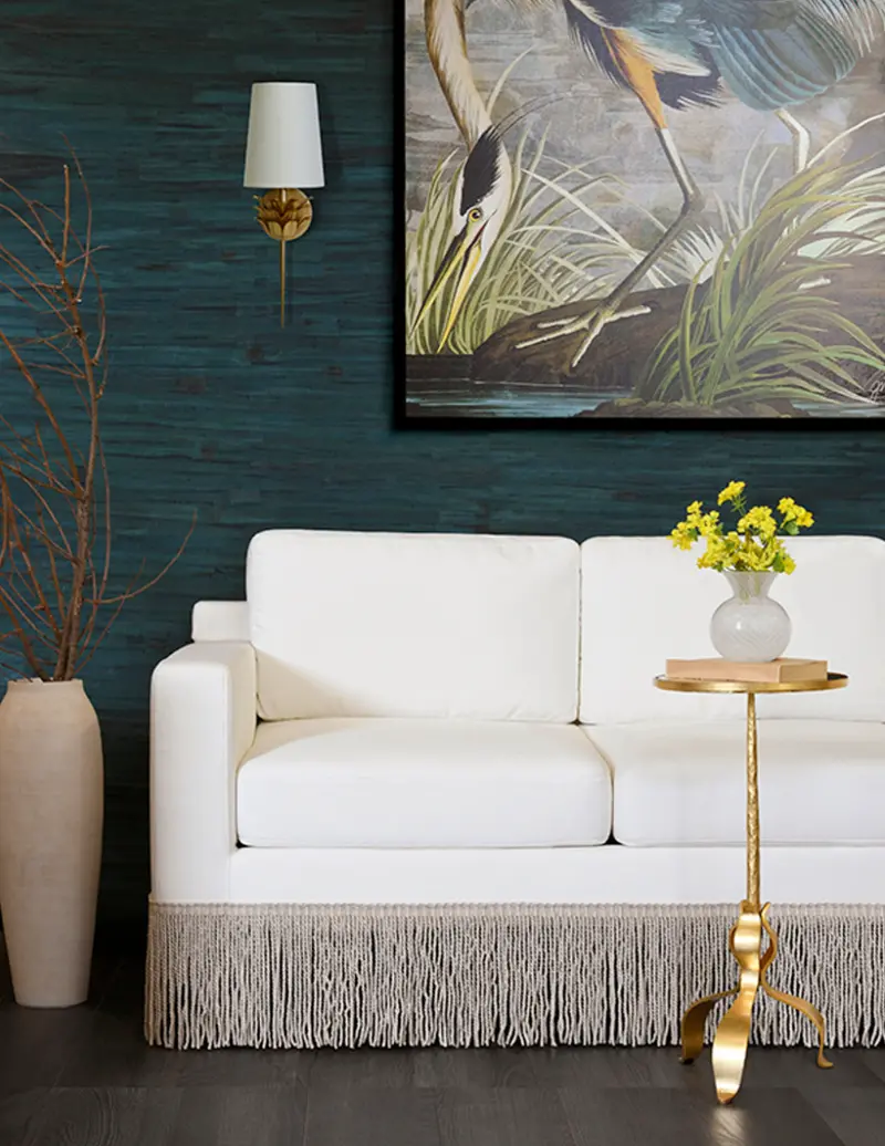 Caroline Lawson Style Sofa W/Performance Linen & Bullion Fringe Skirt 1