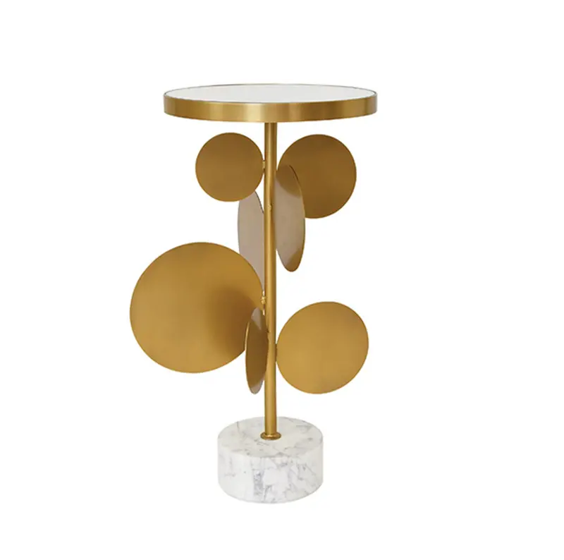 Cassius Sculptural Brass Side Table W/Round Mirror Top & Marble Base 1