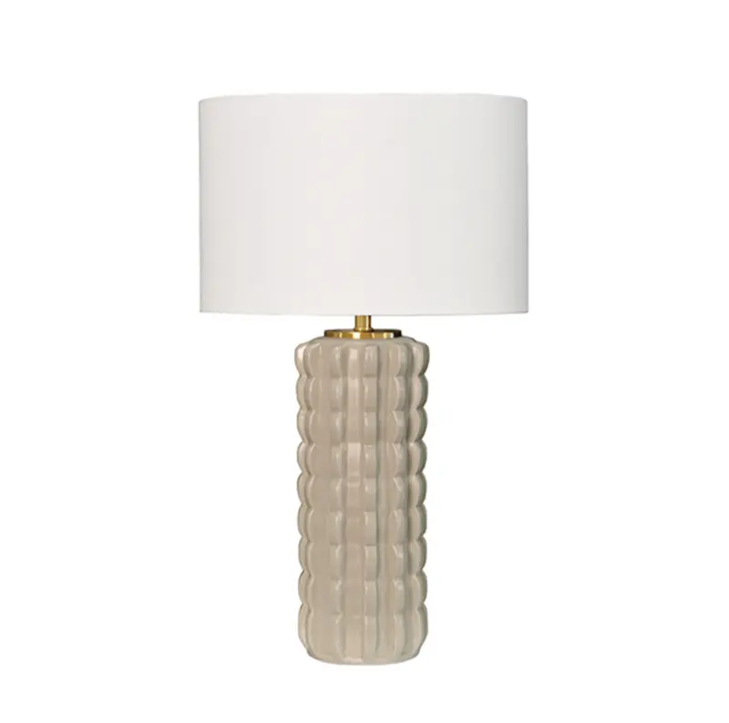 Cece Beige Glazed Scalloped Ceramic Table Lamp With White Linen Shade, Ceramic Finial, And Brass Accent 1