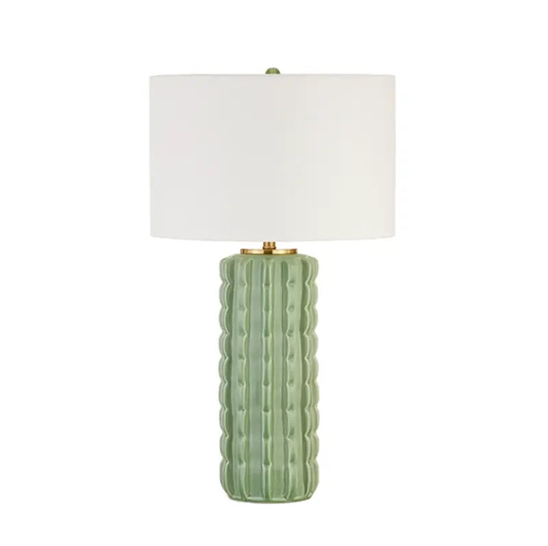 Cece Celadon Glazed Scalloped Ceramic Table Lamp With White Linen Shade, Brass Accent, And Celadon Ceramic Finial 1