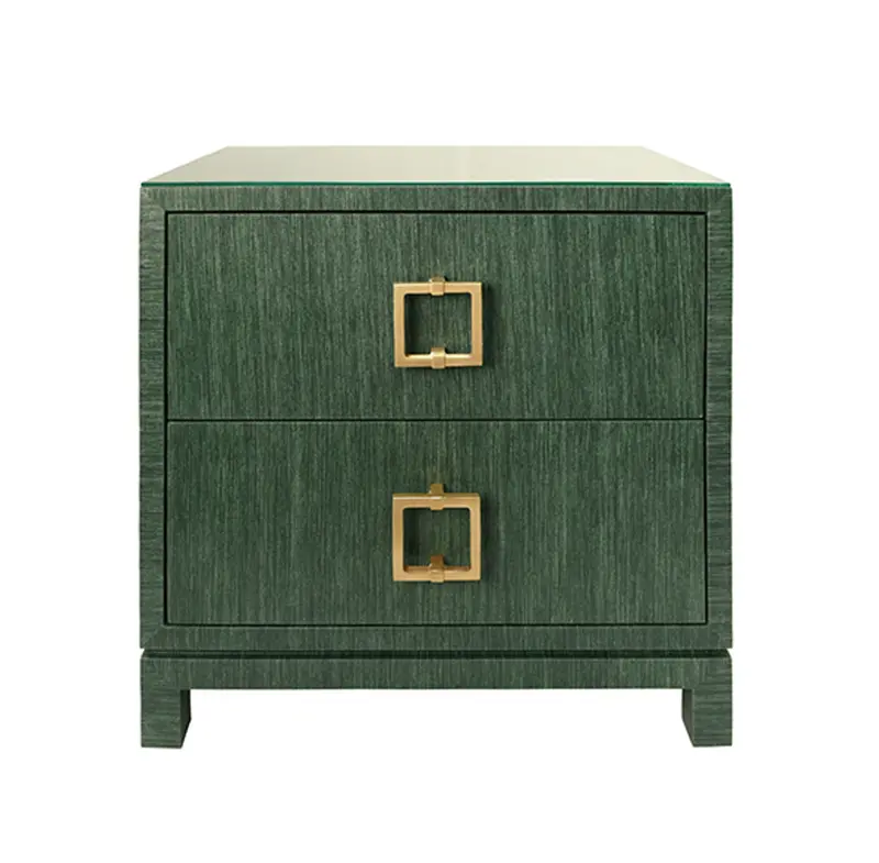 Cole Green Dyed Grasscloth Side Table With Glass Top And Satin Brass Drawer Pulls 1