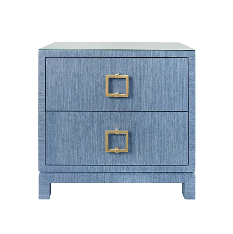Cole Light Blue Dyed Grasscloth Two Drawer Side Table With Glass Top And Satin Brass Drawer Pulls 1