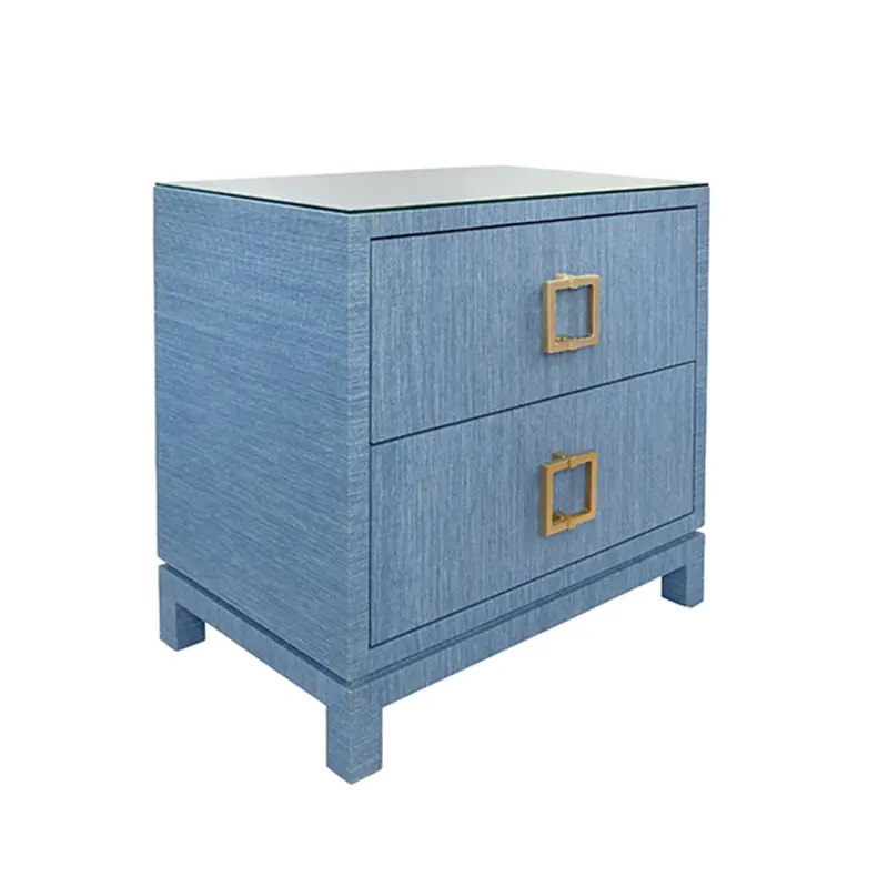 Cole Light Blue Dyed Grasscloth Two Drawer Side Table With Glass Top And Satin Brass Drawer Pulls 2