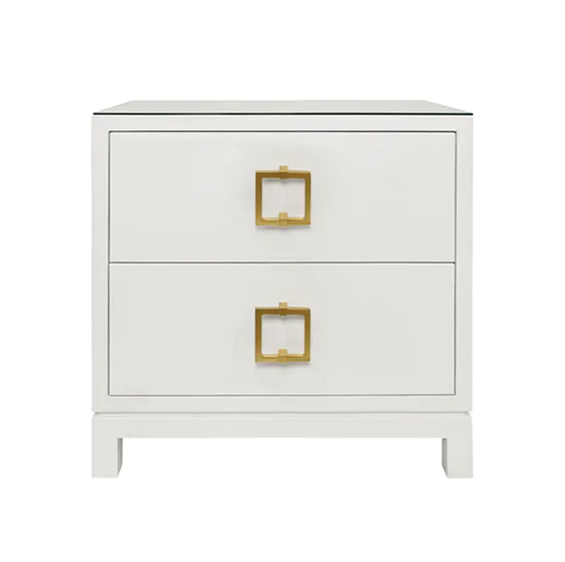 Cole Textured White Linen Two Drawer Side Table With Glass Top And Satin Brass Drawer Pulls 1