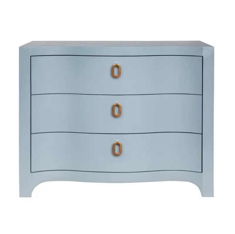 Cora Light Blue Textured Linen Three Drawer Chest With Satin Brass Drawer Pulls 1