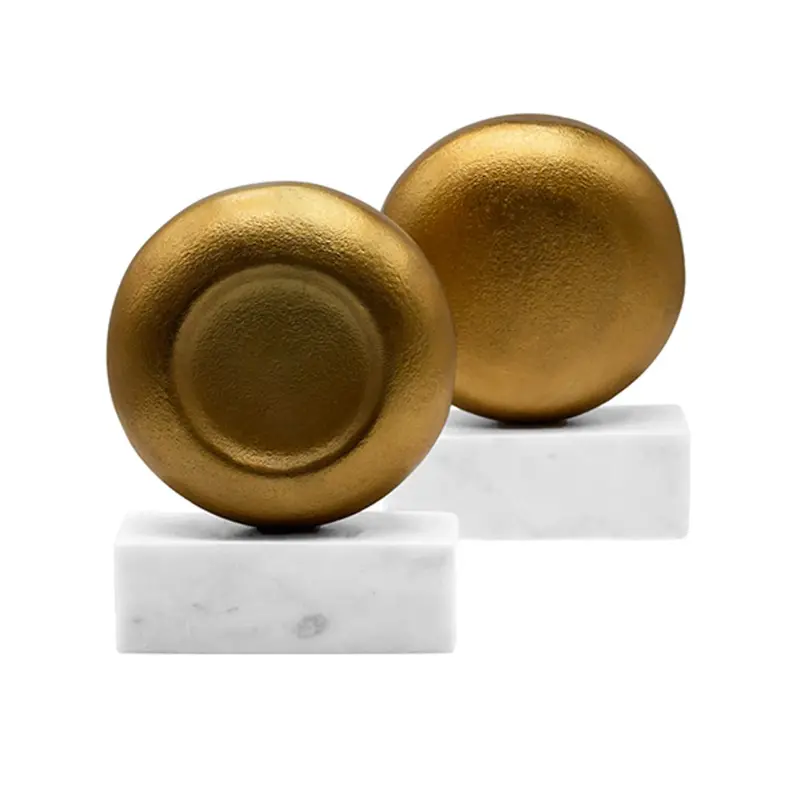 Disky Textured Brass Bookends On Marble Base - Set Of 2 1