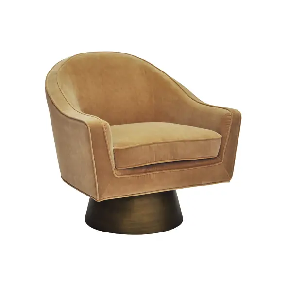 Dominic Barrel Back Swivel Lounge Chair - Camel Velvet & Bronze 1