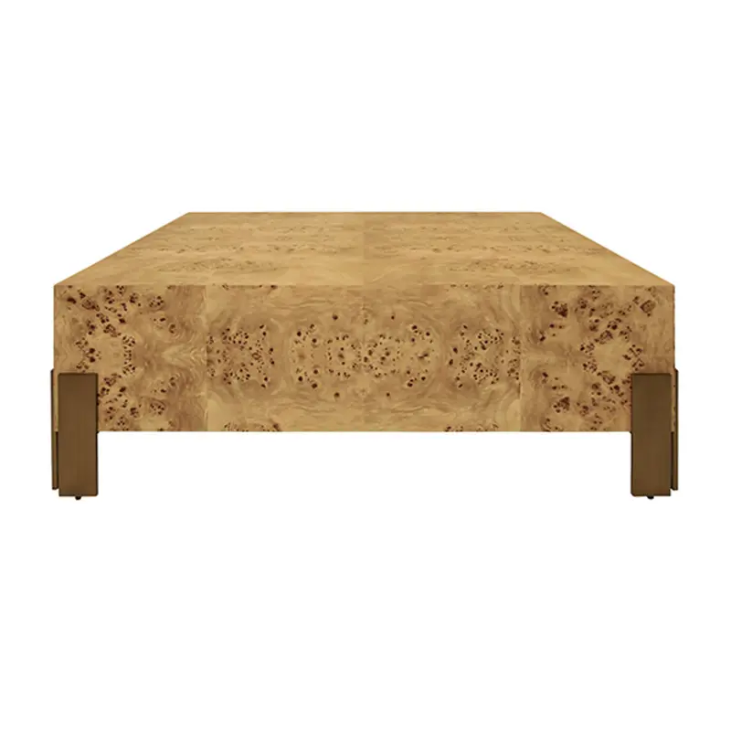 Enid Light Burlwood 48" Square Coffee Table With Antique Brass Leg Brackets 1