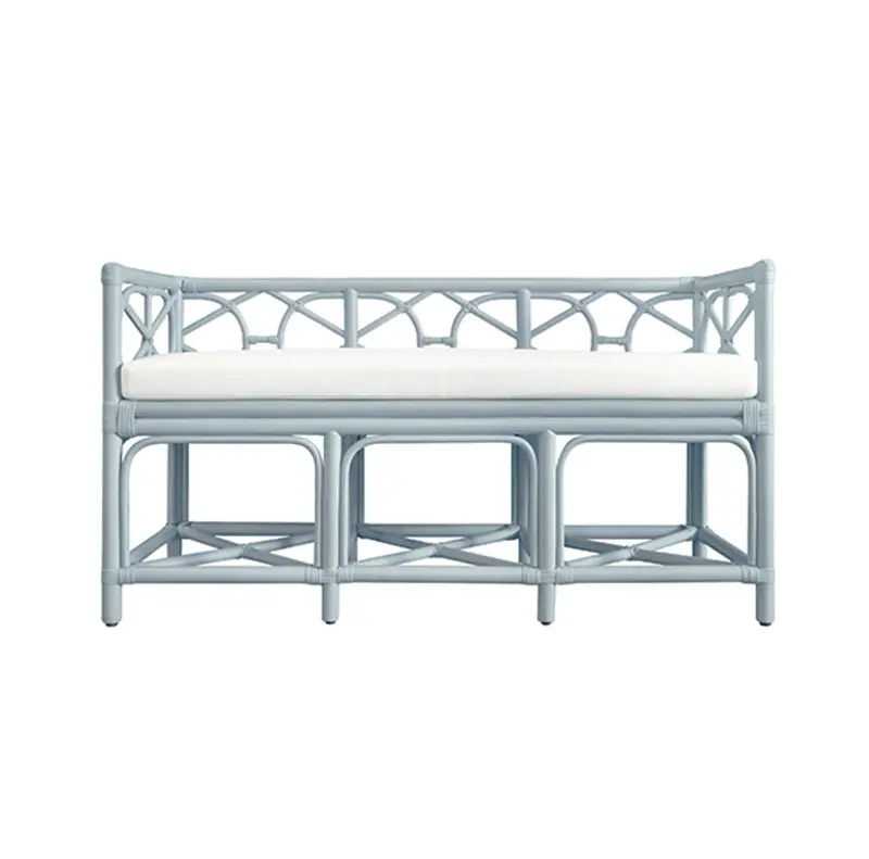 Ferguson Light Blue Rattan Bench With Ivory Linen Performance Cushion 1