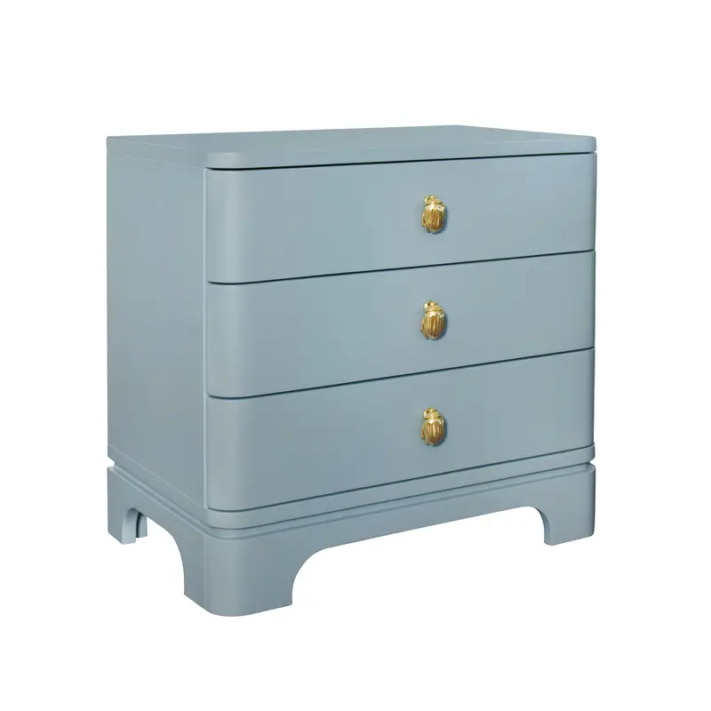 Fortune Rounded Edge Three Drawer Side Table - Blue Matte Lacquer W/Brass Beetle Knobs 2