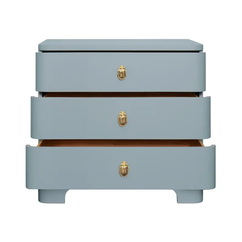 Fortune Rounded Edge Three Drawer Side Table - Blue Matte Lacquer W/Brass Beetle Knobs 3