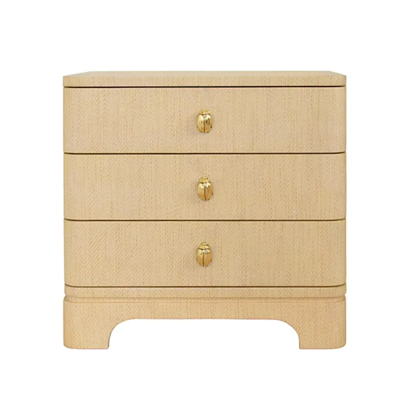 Fortune Rounded Edge Three Drawer Side Table - Natural Grasscloth W/Brass Beetle Knobs 1