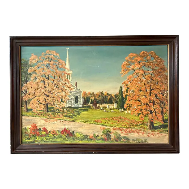 Framed Landscape Oil Painting Of Wicoppee Church Fishkill, Ny By Elaine Johnson (1966) 1