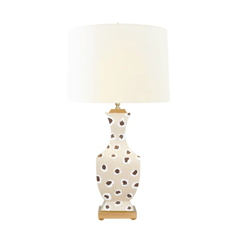 Gina Handpainted Brown Leopard Metal Tole Table Lamp With Silk Shade 2