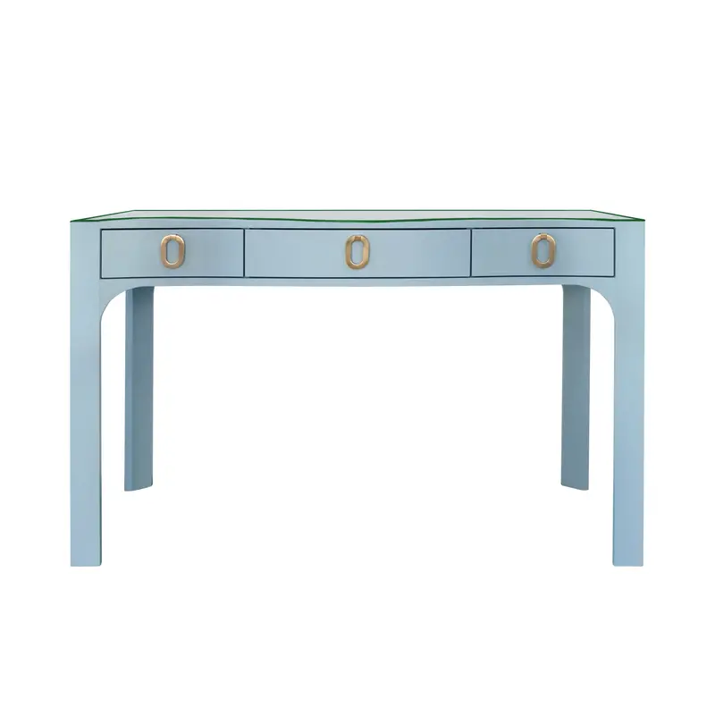Gladys  Curved Front Three Drawer Desk - Light Blue Linen 1