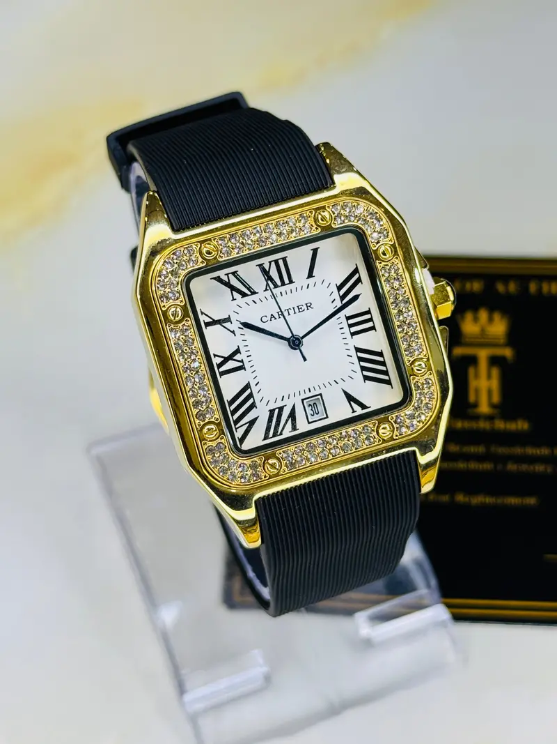 Gold White Iced Tank Silicon Cartier Watch 1