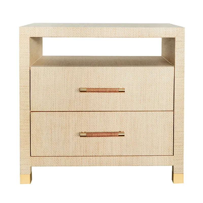 Hancock Natural Grasscloth Two Drawer Side Table With Rattan Wrapped Handles And Brass Accents 1