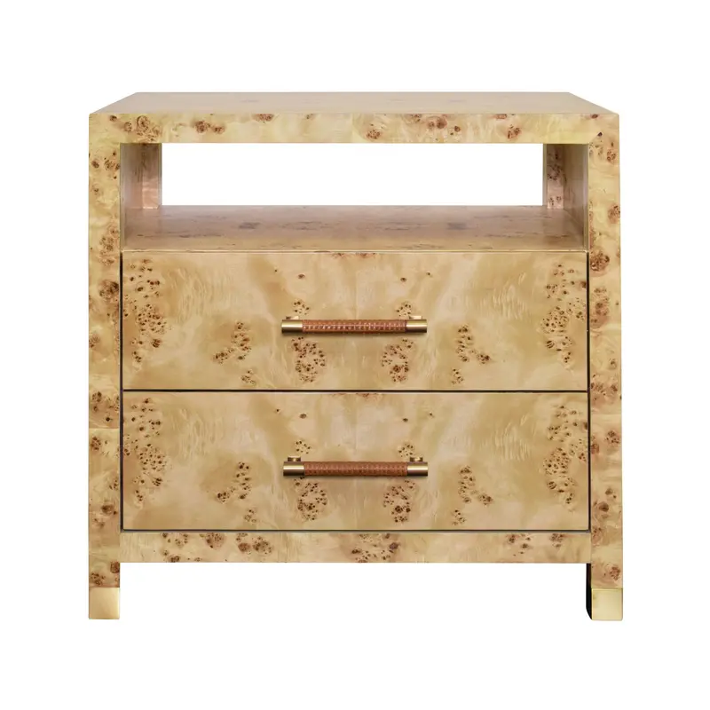 Hancock Two Drawer Side Table - Burlwood W/Rattan Wrapped Handles 1
