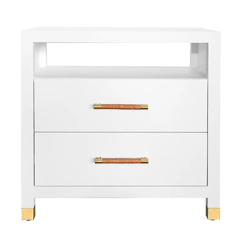 Hancock Two Drawer Side Table - Matte White, Natural Grasscloth, Or Burlwood W/Rattan Wrapped Handles 1