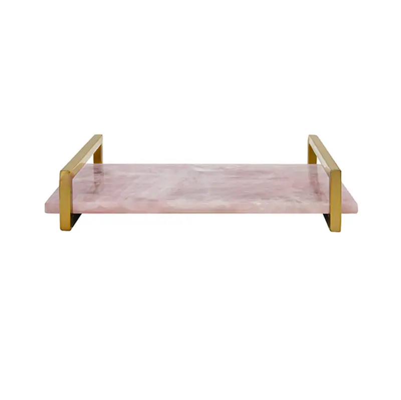 Jarvis Rose Quartz Tray W/Polished Brass Handles 1