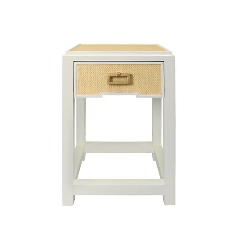 Jean Matte White Lacquer And Natural Rattan One Drawer Side Table With Satin Drawer Pull 1